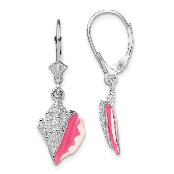 925 Sterling Silver Pink White Enamel Conch Shell Dangle Lever-back Earrings - Picture 1 of 5